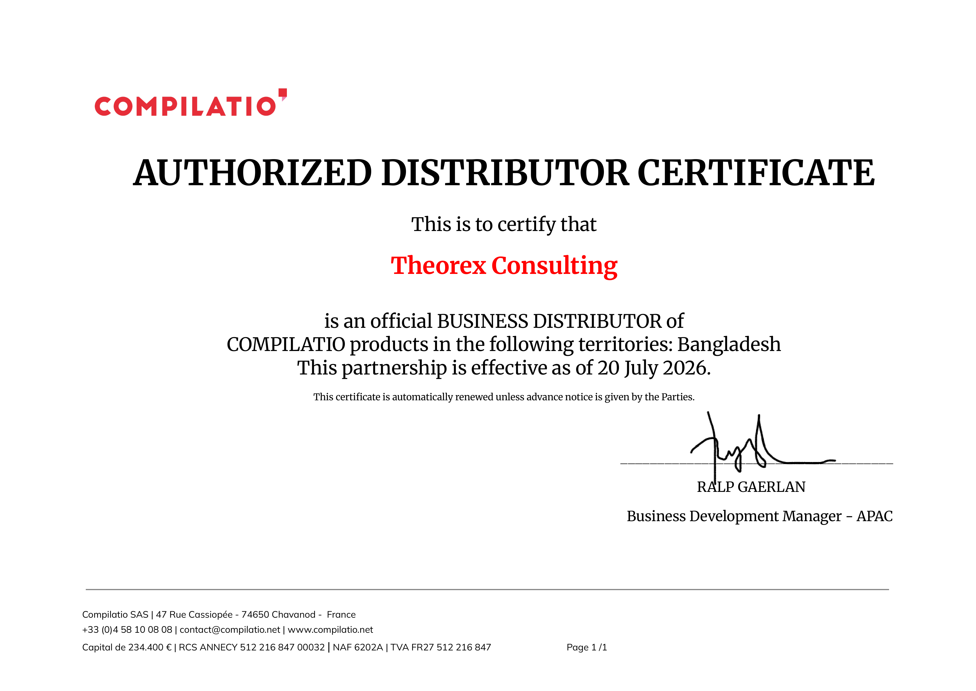 Compilatio Authorized Distributor Certificate naming Theorex Consulting as official business distributor for Bangladesh